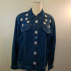 Bob Mackie Wearable Art Denim Shirt Womens Floral Embroidered Button DownSize XL